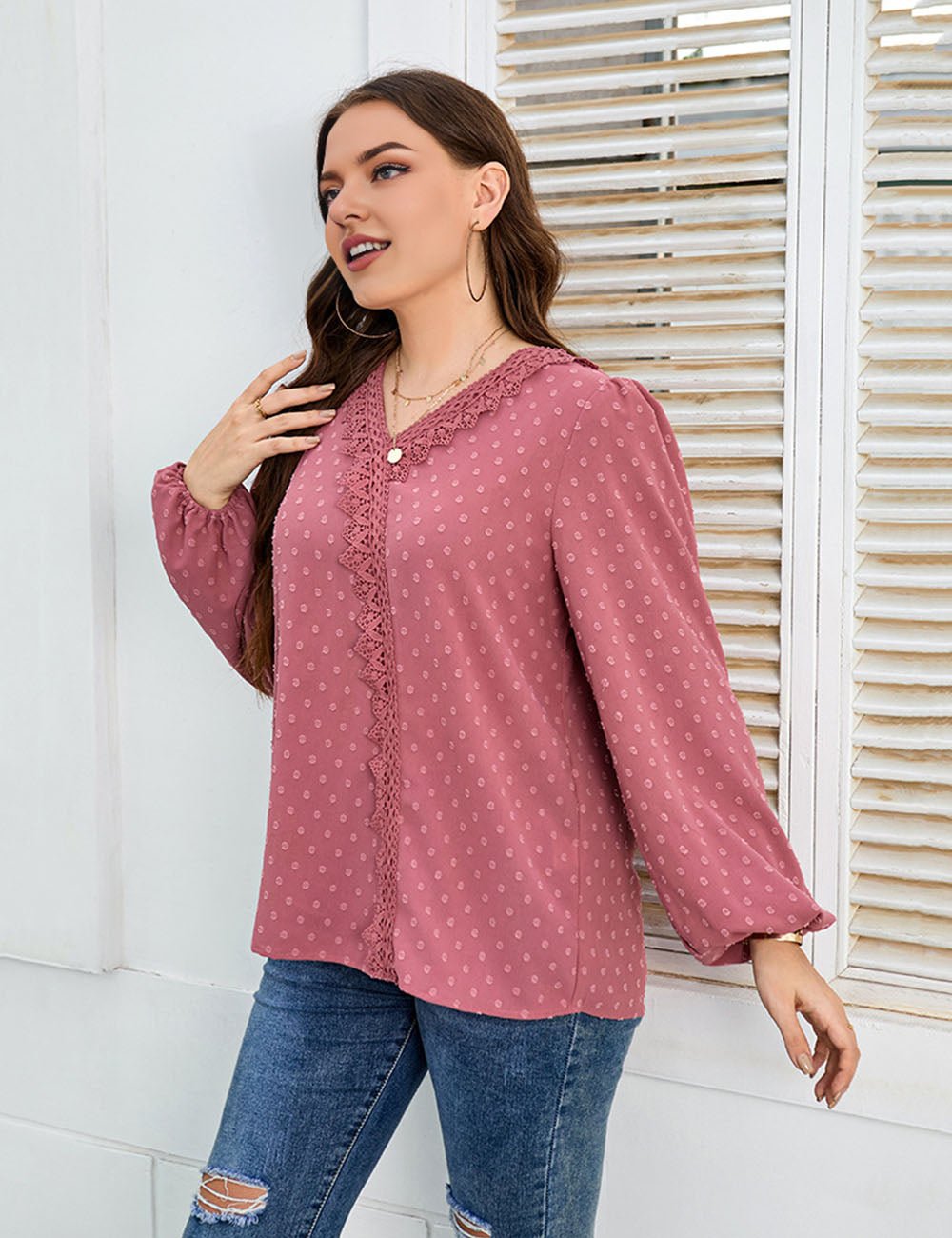 Women Plus Size Lace Trim V - Neck Balloon Sleeve Blouse | PRUSES - PRUSES