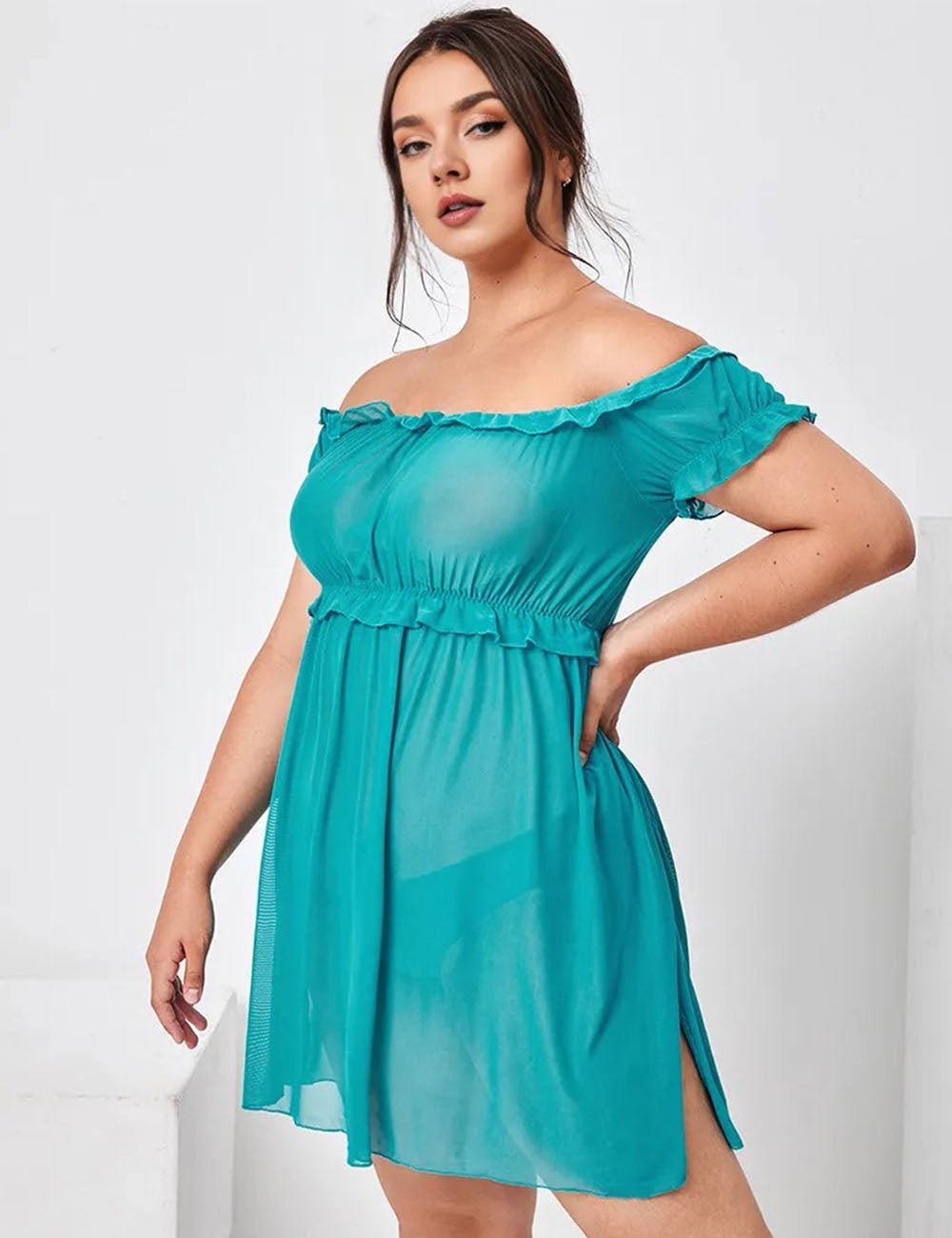 Women Plus Size Lake Blue Lace Off Shoulder Babydoll - PRUSES