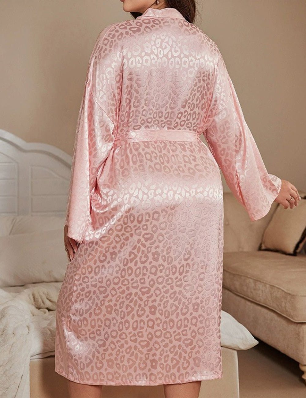 Women Plus Size Long Silk Kimono Belted Robe - PRUSES