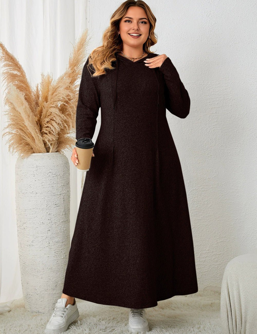 Women Plus Size Long Sleeve Hooded Sweatshirt Dress - PRUSES