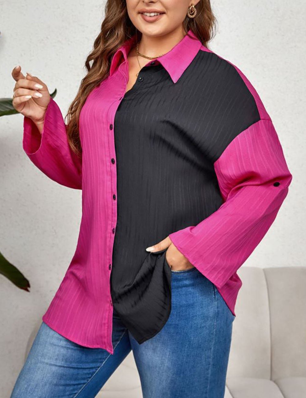 Women Plus Size Long Sleeve Lapel Color Blocking Blouse | PRUSES - PRUSES