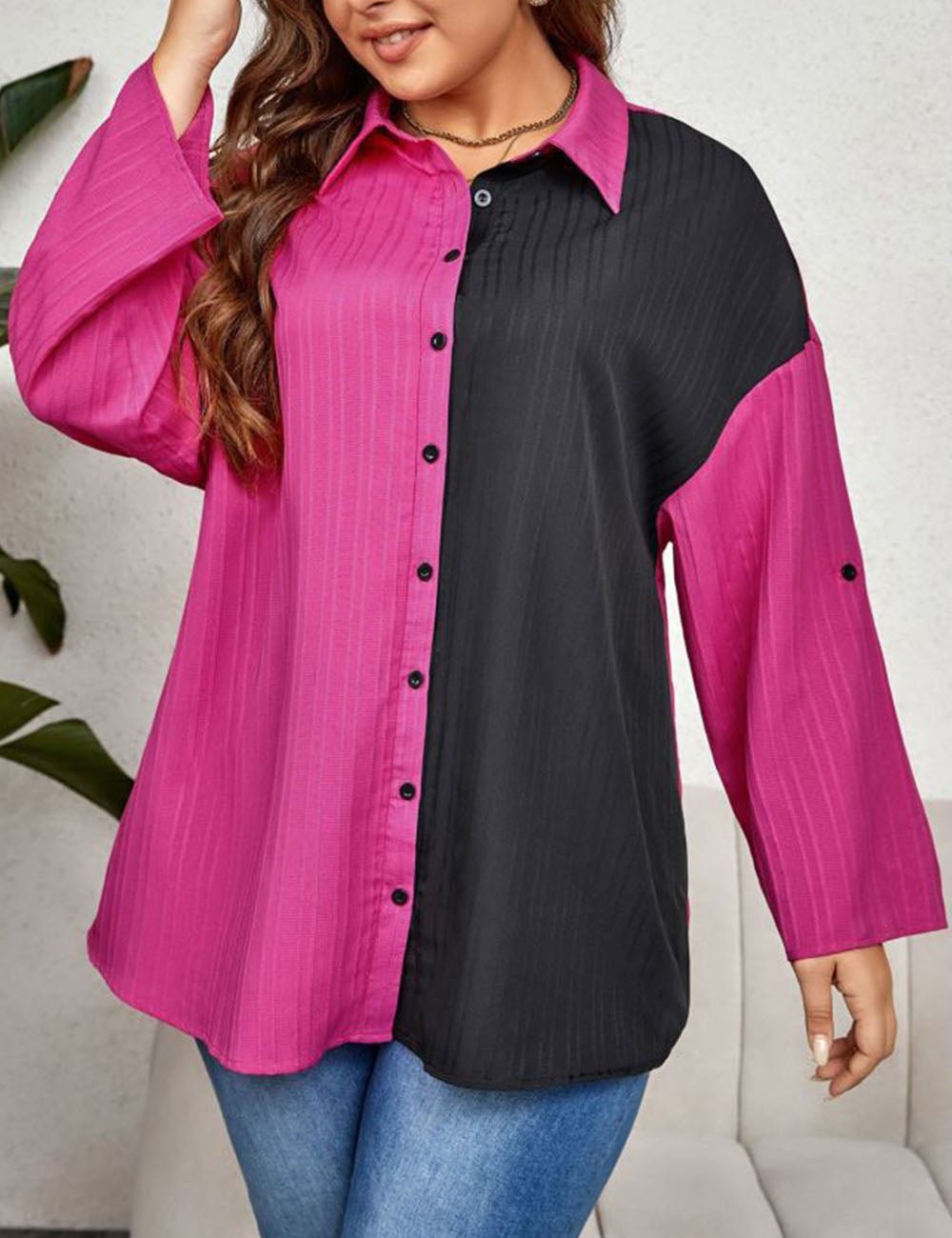 Women Plus Size Long Sleeve Lapel Color Blocking Blouse | PRUSES - PRUSES