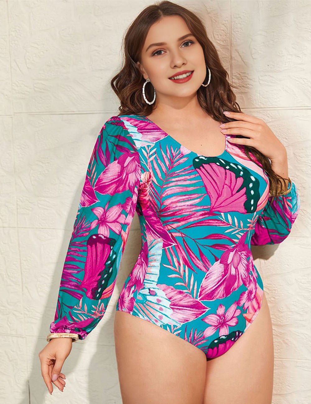 Women Plus Size Long Sleeve Printed One - Piece Swimsuit - PRUSES