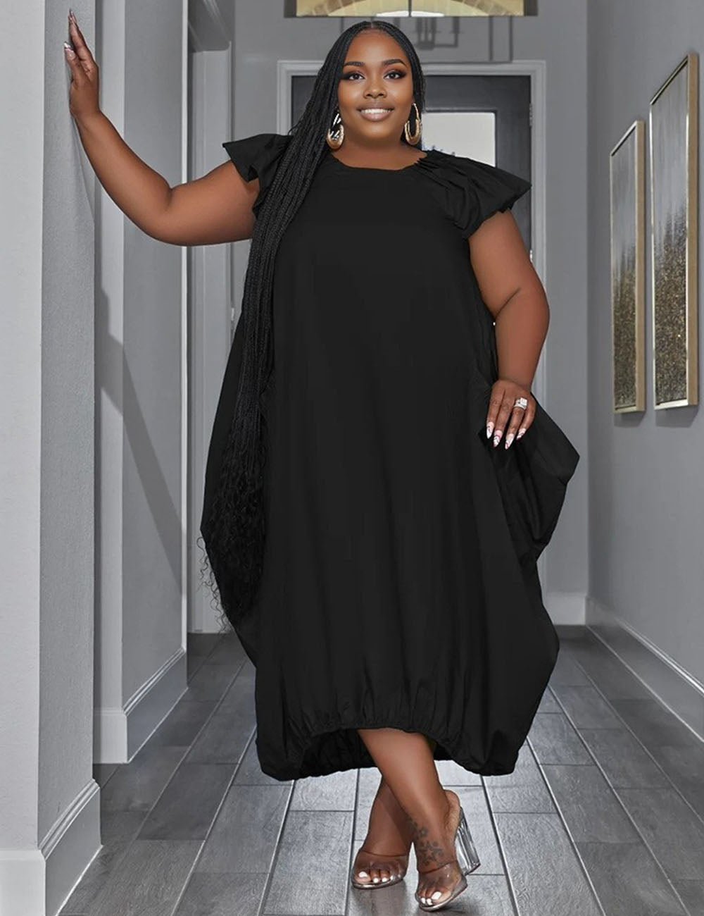 Women Plus Size Loose Pockets Elegant Maxi Dress - PRUSES