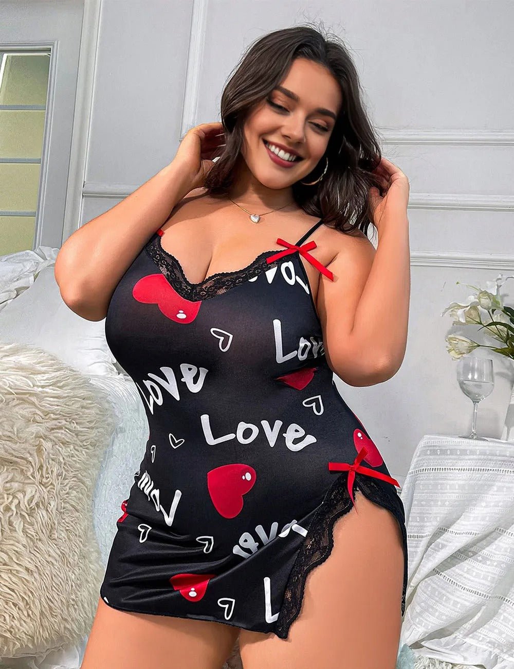 Women Plus Size Love Sleep Chemise Heart Print Babydoll - PRUSES