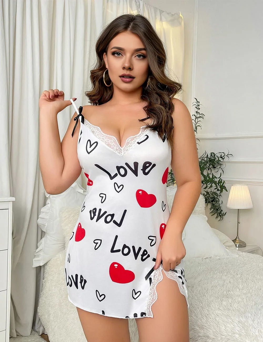 Women Plus Size Love Sleep Chemise Heart Print Babydoll - PRUSES