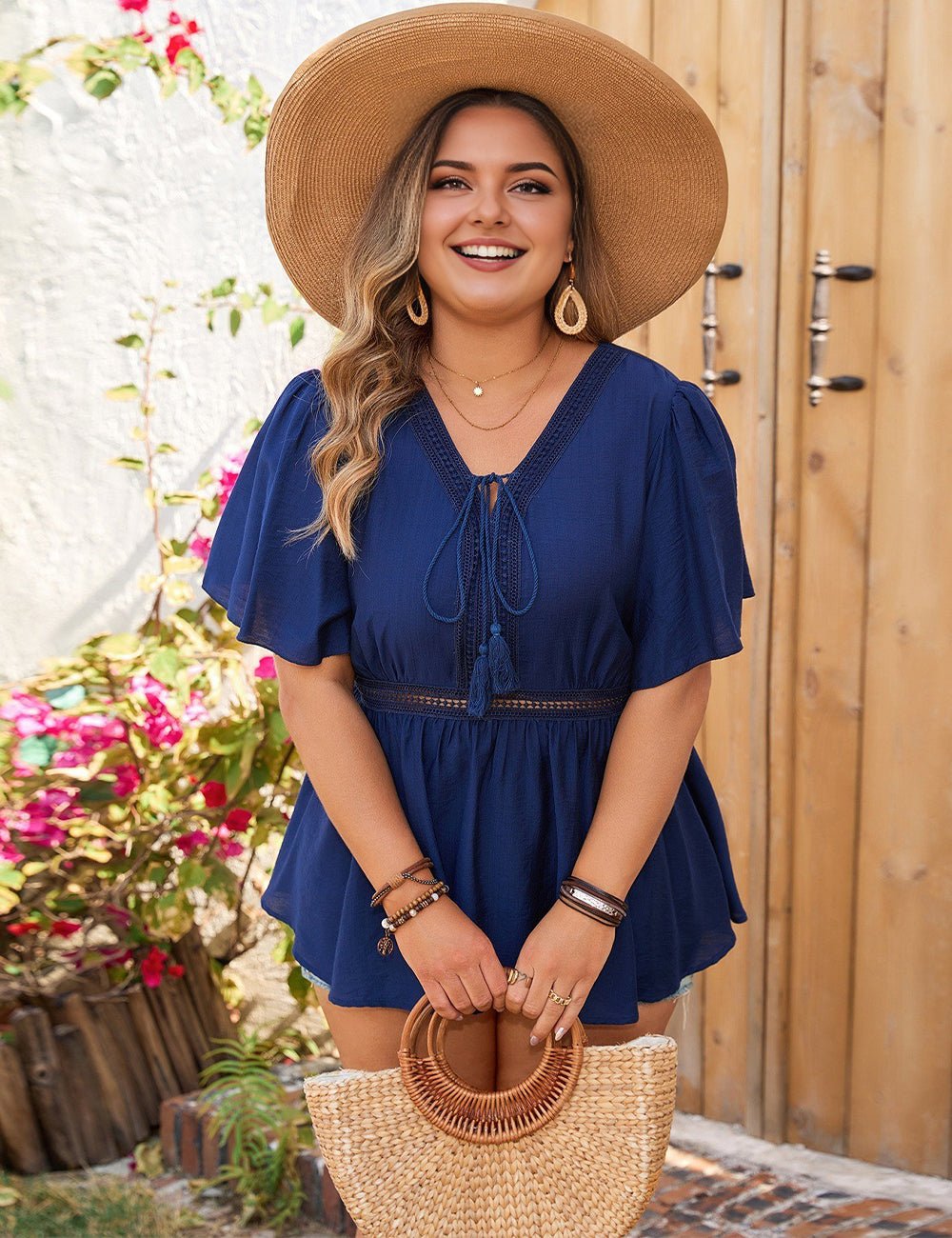 Women Plus Size Navy Blue Short Sleeve Tassel Tie Drawstring Tops - PRUSES