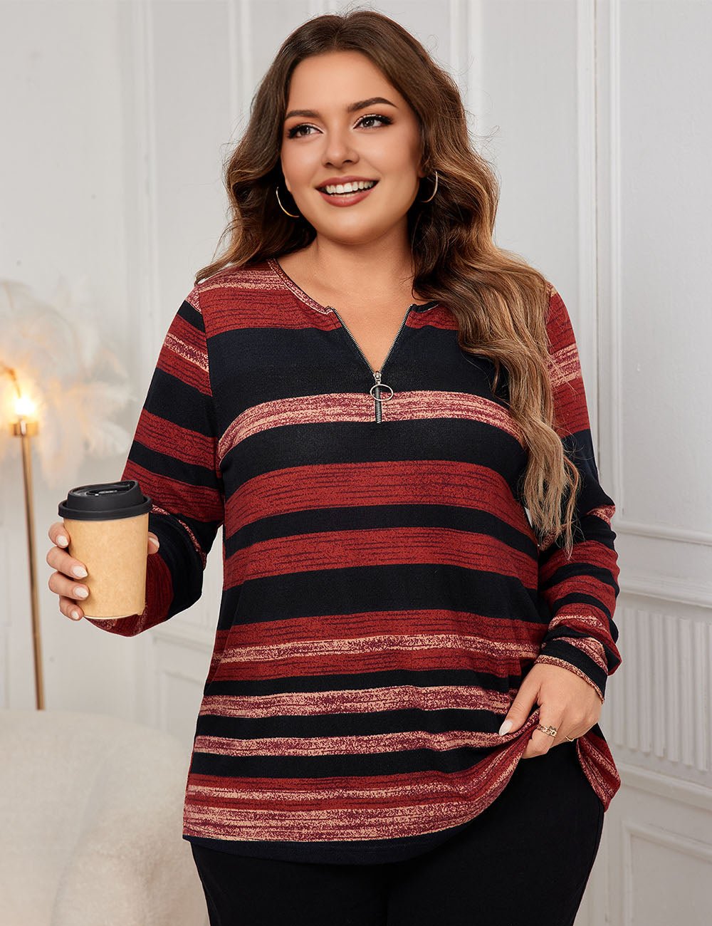 Women Plus Size O - Ring Zip Front Striped Top | PRUSES - PRUSES