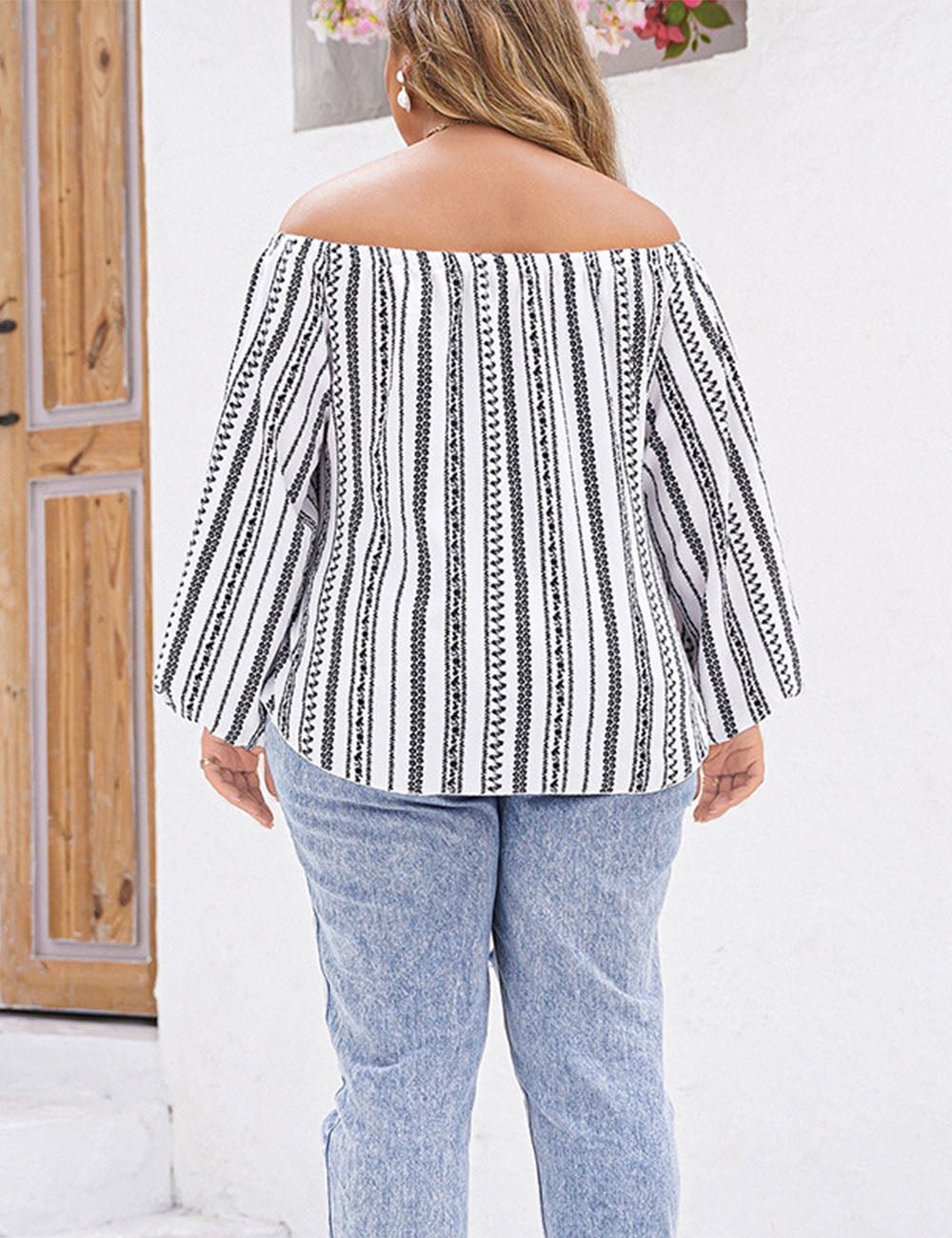 Women Plus Size Off - Shoulder Vertical Striped Shirt | PRUSES - PRUSES