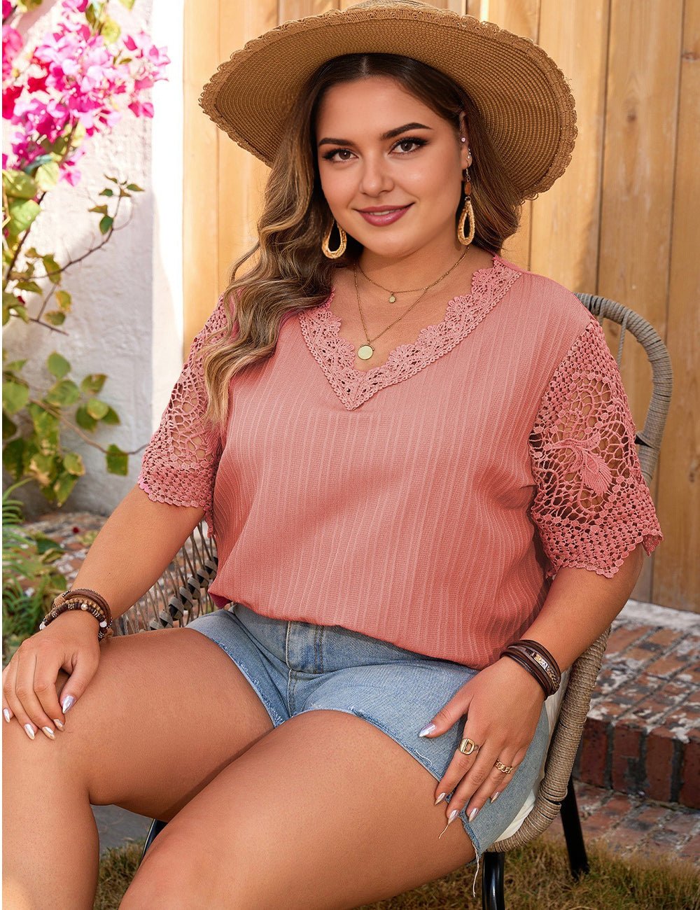 Women Plus Size Peach Elegant V Neck Short Sleeve Blouse - PRUSES