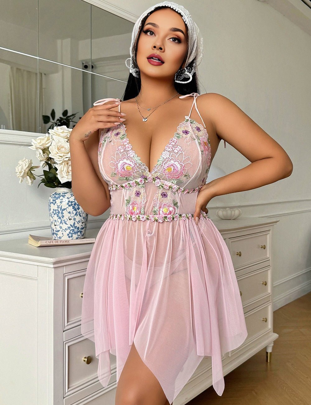 Women Plus Size Pink Embroidered Babydoll Lingerie - PRUSES