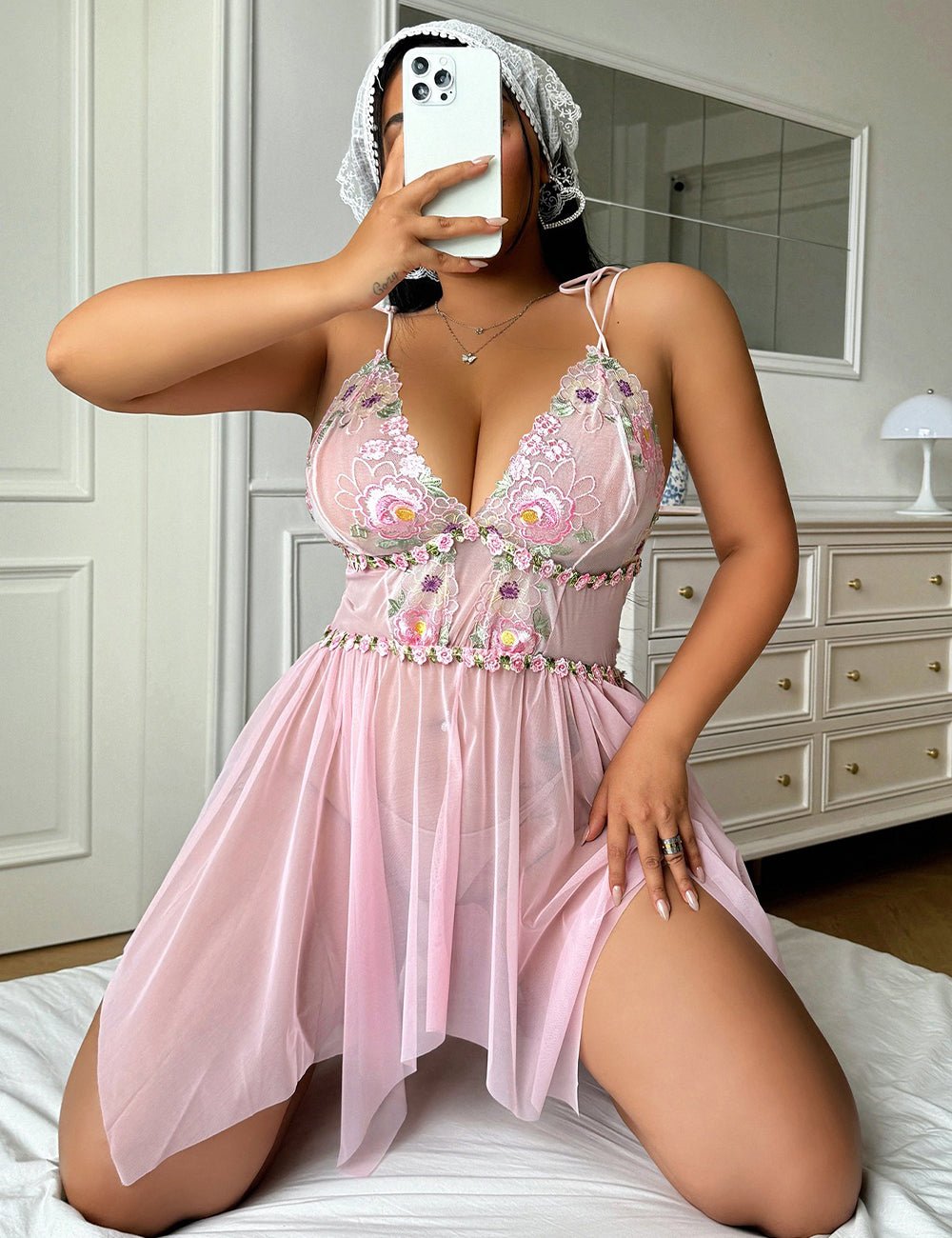 Women Plus Size Pink Embroidered Babydoll Lingerie - PRUSES