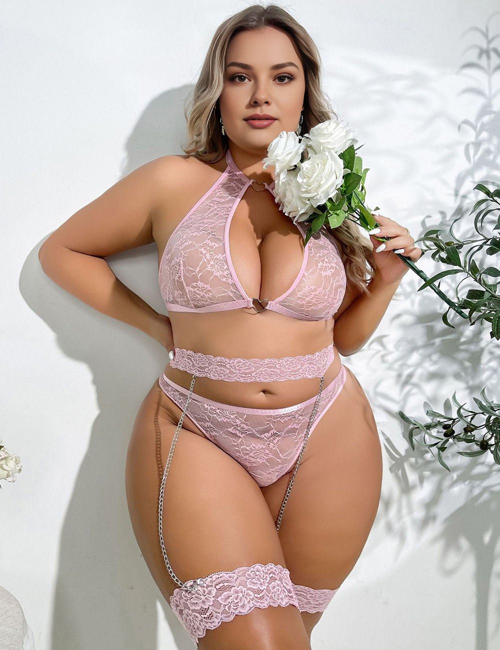 Women Plus Size Pink Halter Lace Mesh Chain Braset - PRUSES