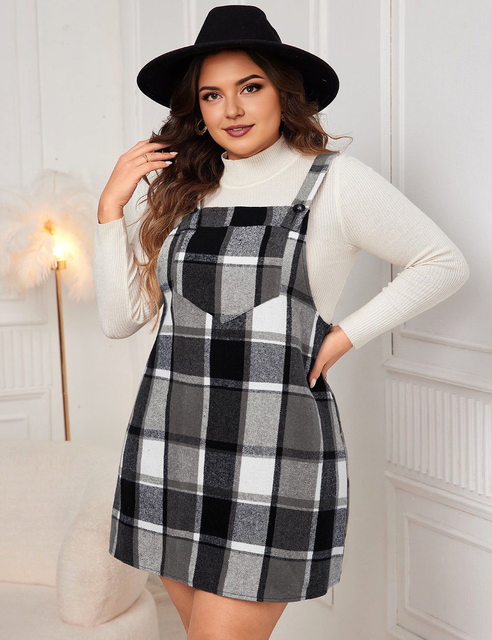 Women Plus Size Plaid Print Wool - Blend Pinafore Dress - PRUSES