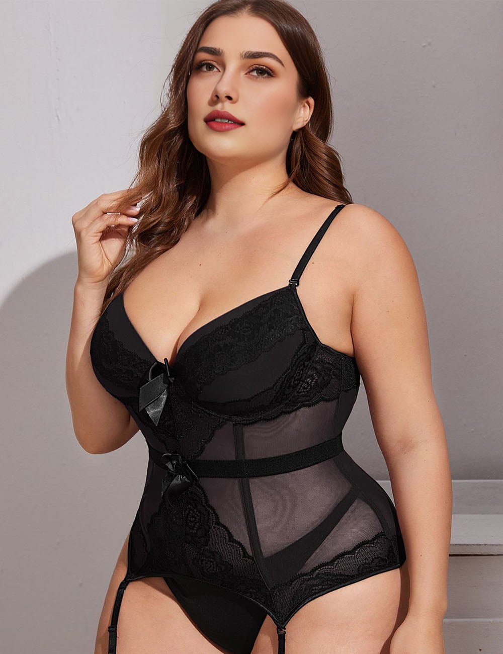 Women Plus Size Plastic Boned Faux Lace Panel Corset | PRUSES - PRUSES