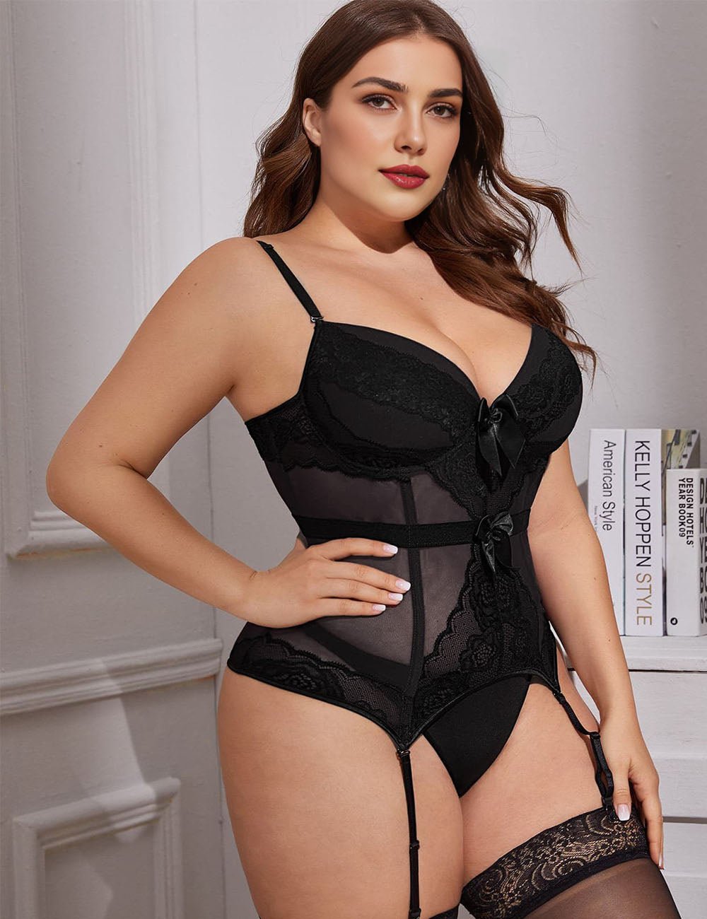 Women Plus Size Plastic Boned Faux Lace Panel Corset | PRUSES - PRUSES