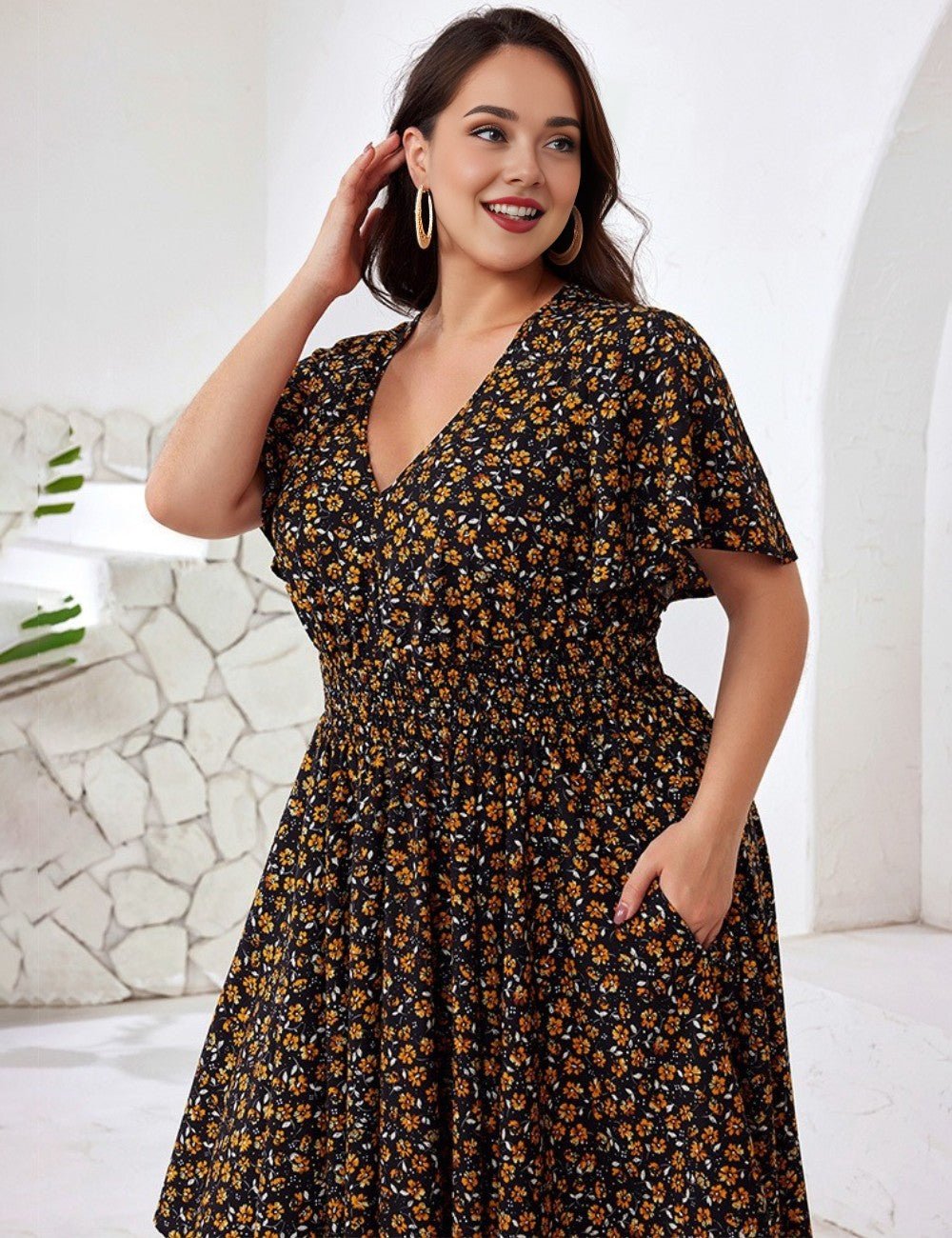 Women Plus Size Pocketed V - Neck Floral Maxi Dress | PRUSES - PRUSES