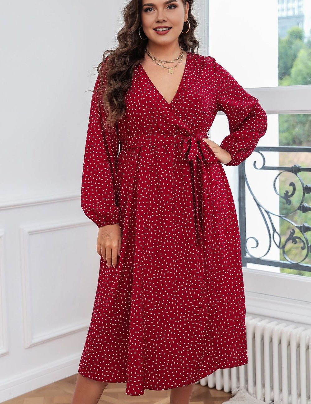 Women Plus Size Polka Dot Printed Boho Maxi Dress - PRUSES