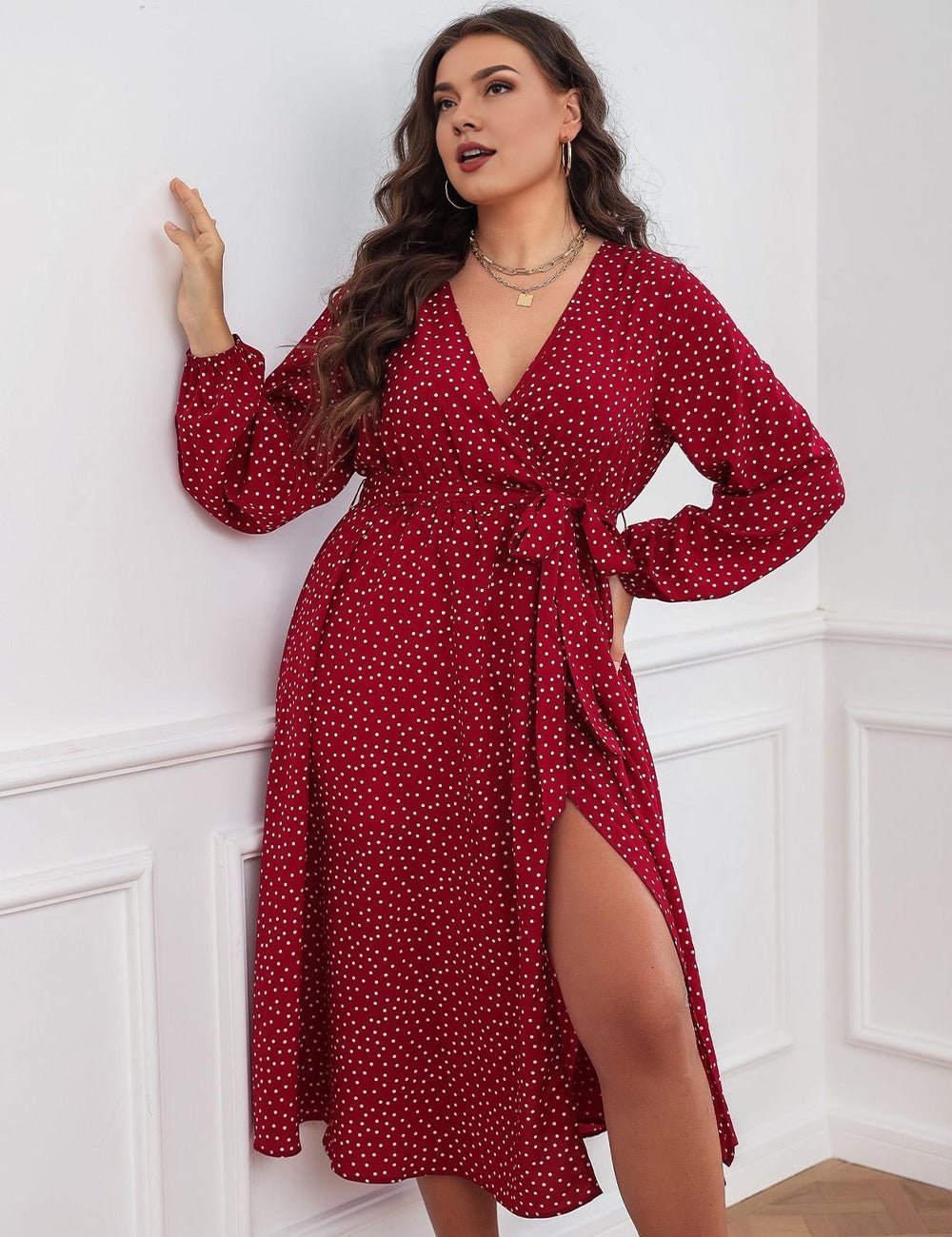 Women Plus Size Polka Dot Printed Boho Maxi Dress - PRUSES