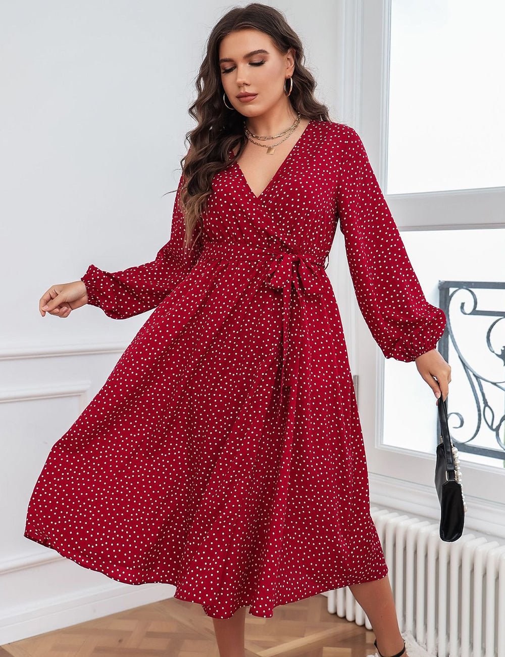 Women Plus Size Polka Dot Printed Boho Maxi Dress - PRUSES