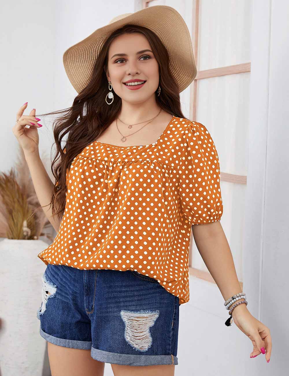 Plus Size Orange Polka Dot Square Neck Puff Sleeve Blouse