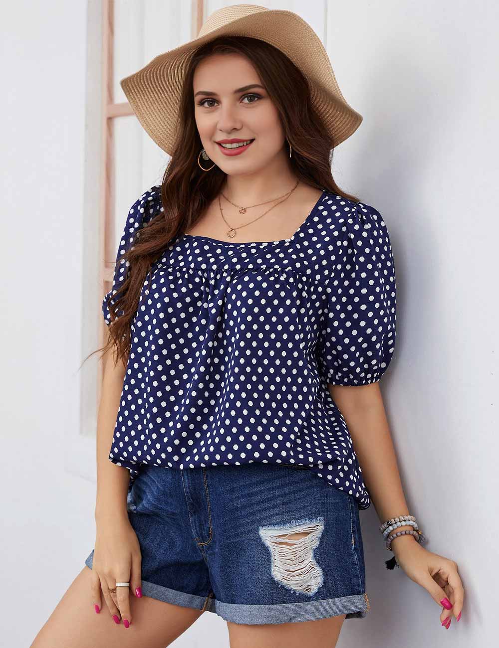 Plus Size Blue Polka Dot Square Neck Puff Sleeve Blouse
