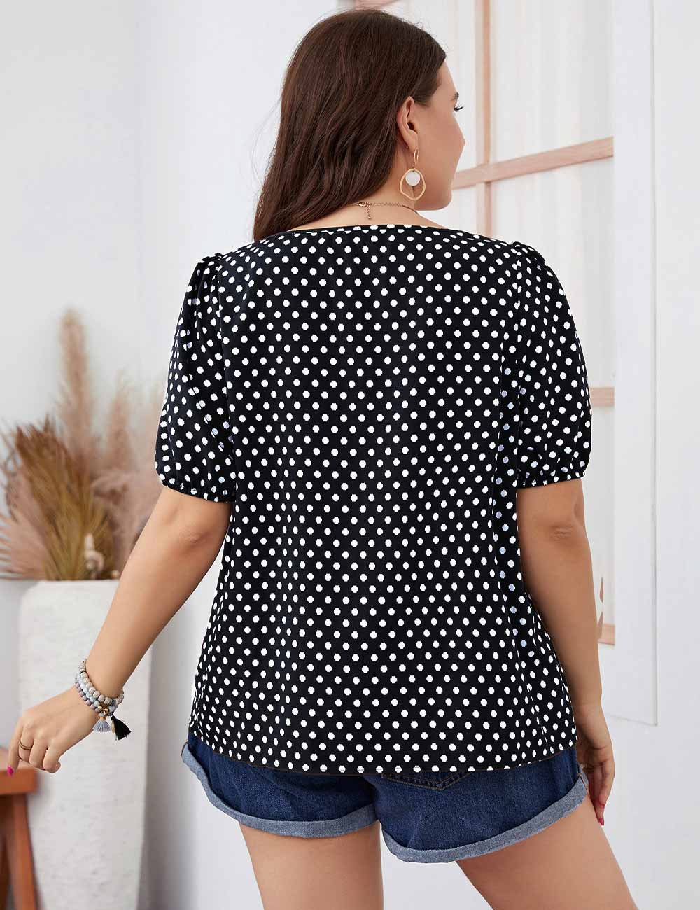 Black Plus Size Polka Dot Square Neck Puff Sleeve Blouse
