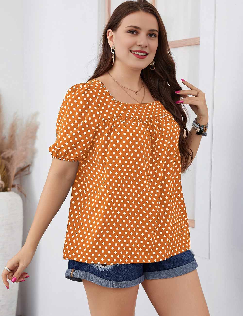 Orange Plus Size Polka Dot Square Neck Puff Sleeve Blouse