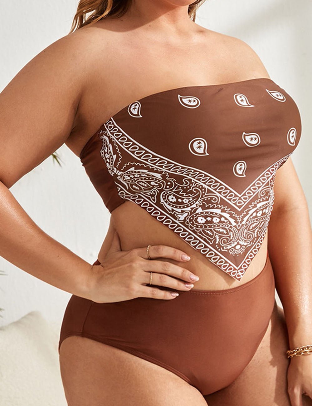 Women Plus Size Printed Bandeau High Waist Swimsuit - PRUSES