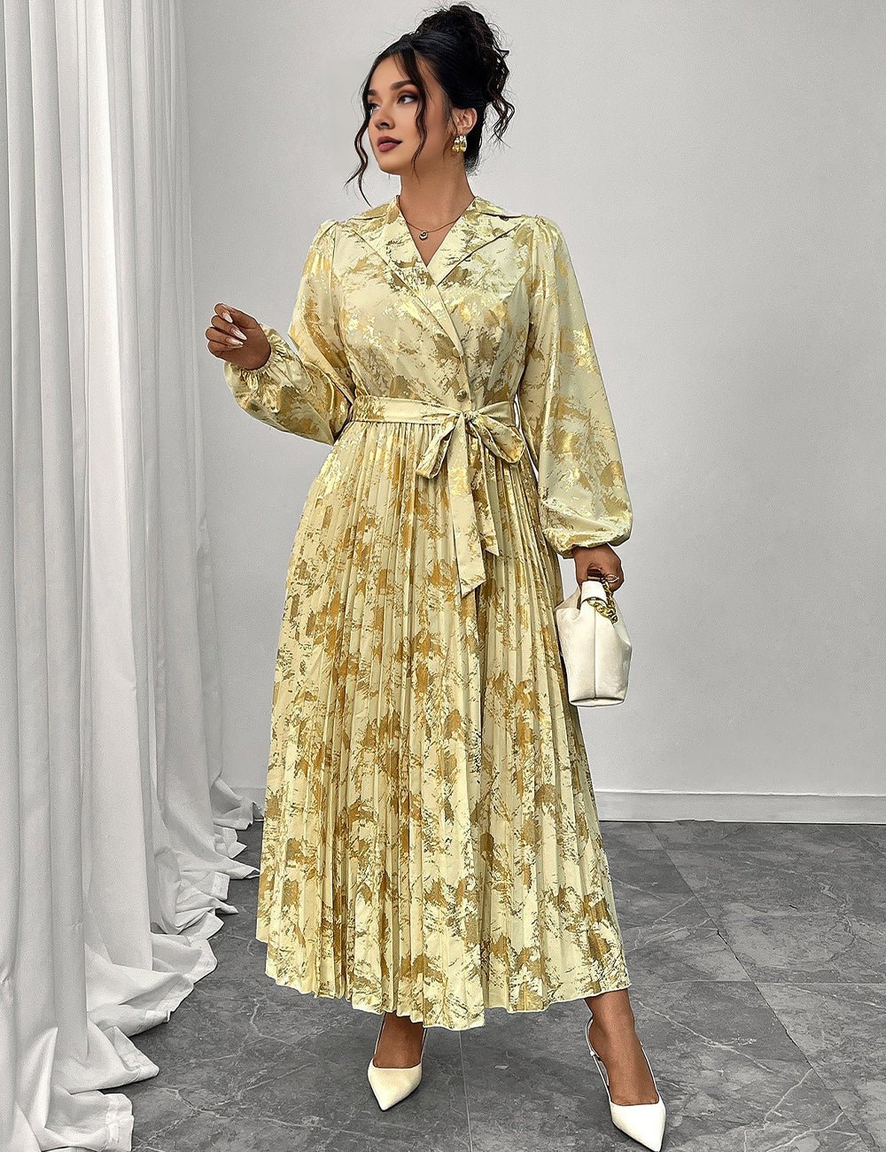 Women Plus Size Printed Pleated Maxi Dress With Belt - PRUSES