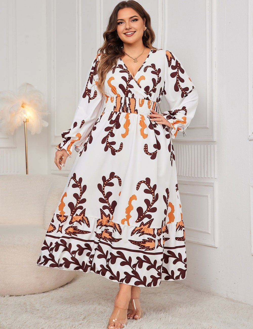 Women Plus Size Printed Surplice Flounce Sleeve Dress - PRUSES