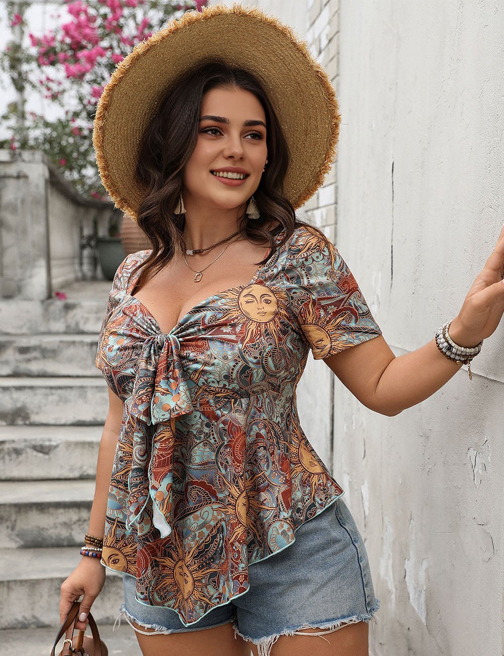 Women Plus Size Printed Sweetheart Neck Short Sleeve Blouse | PRUSES - PRUSES