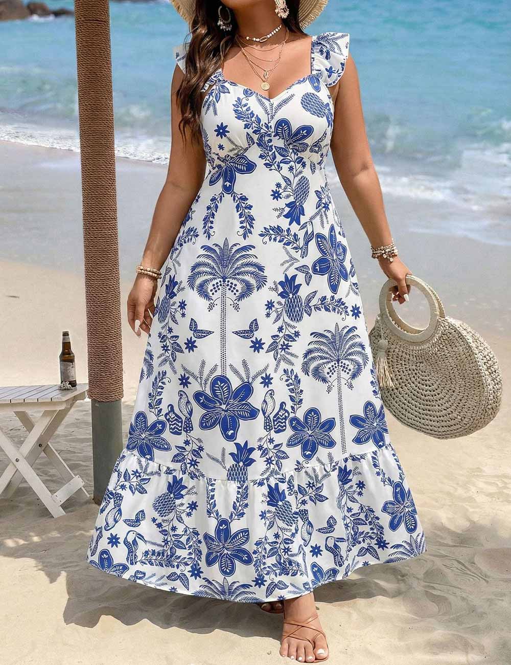Plus Size Printed Sweetheart Neckline Maxi Beach Dress