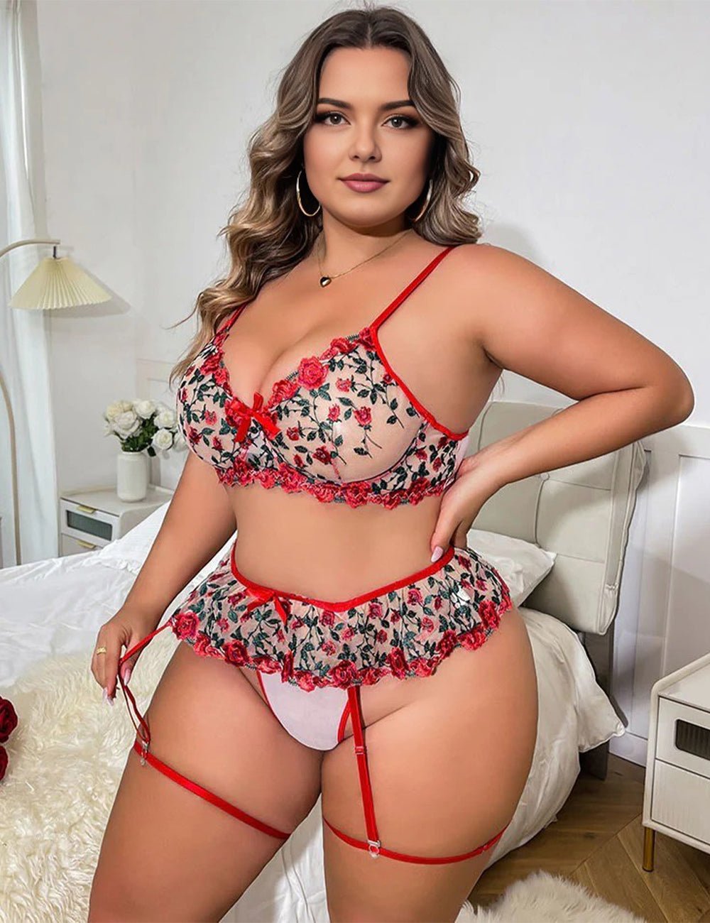 Women Plus Size Red Embroidered Bra Set with Garter Belt - PRUSES