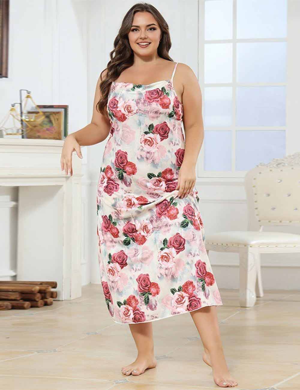 Women Plus Size Long Rose Print Slip Nightgown