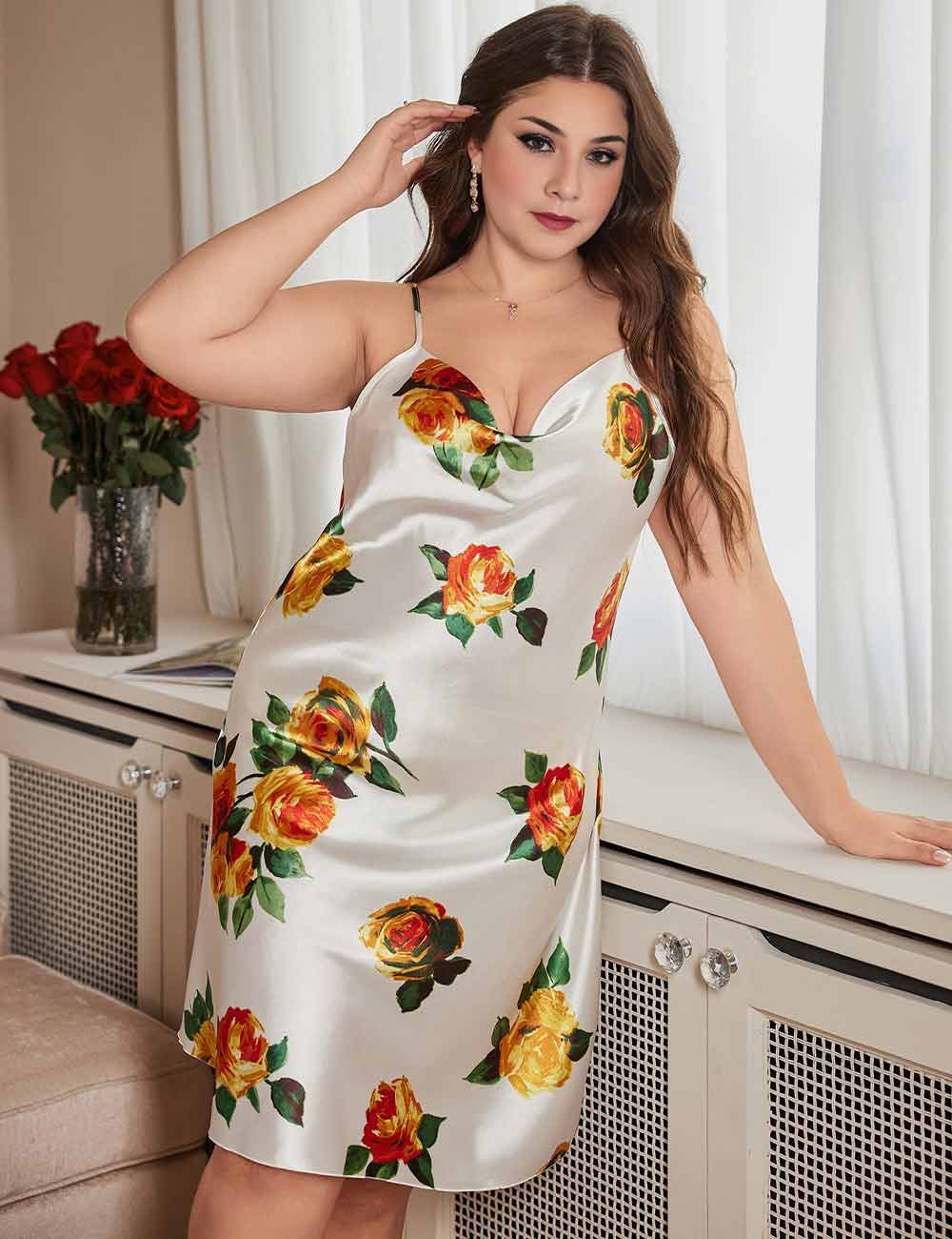 Women Plus Size Rose Print Satin Midi Nightgown