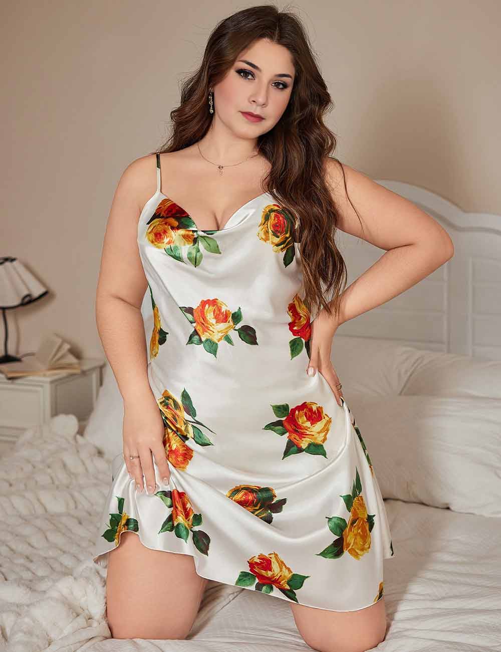 Women Plus Size Silky Floral Satin Nightgown