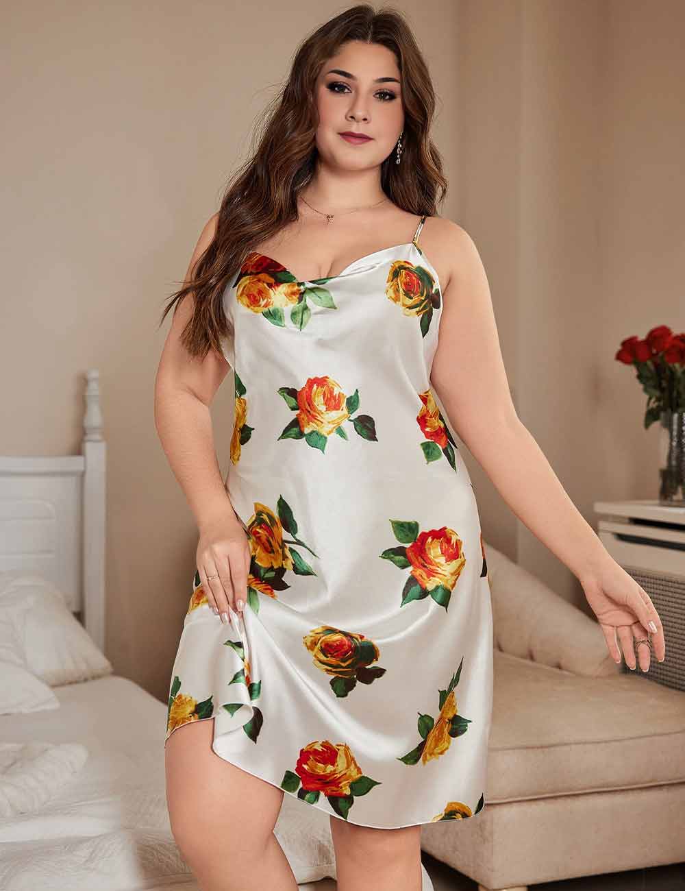 Women Plus Size Rose Print Satin Sleep Dress
