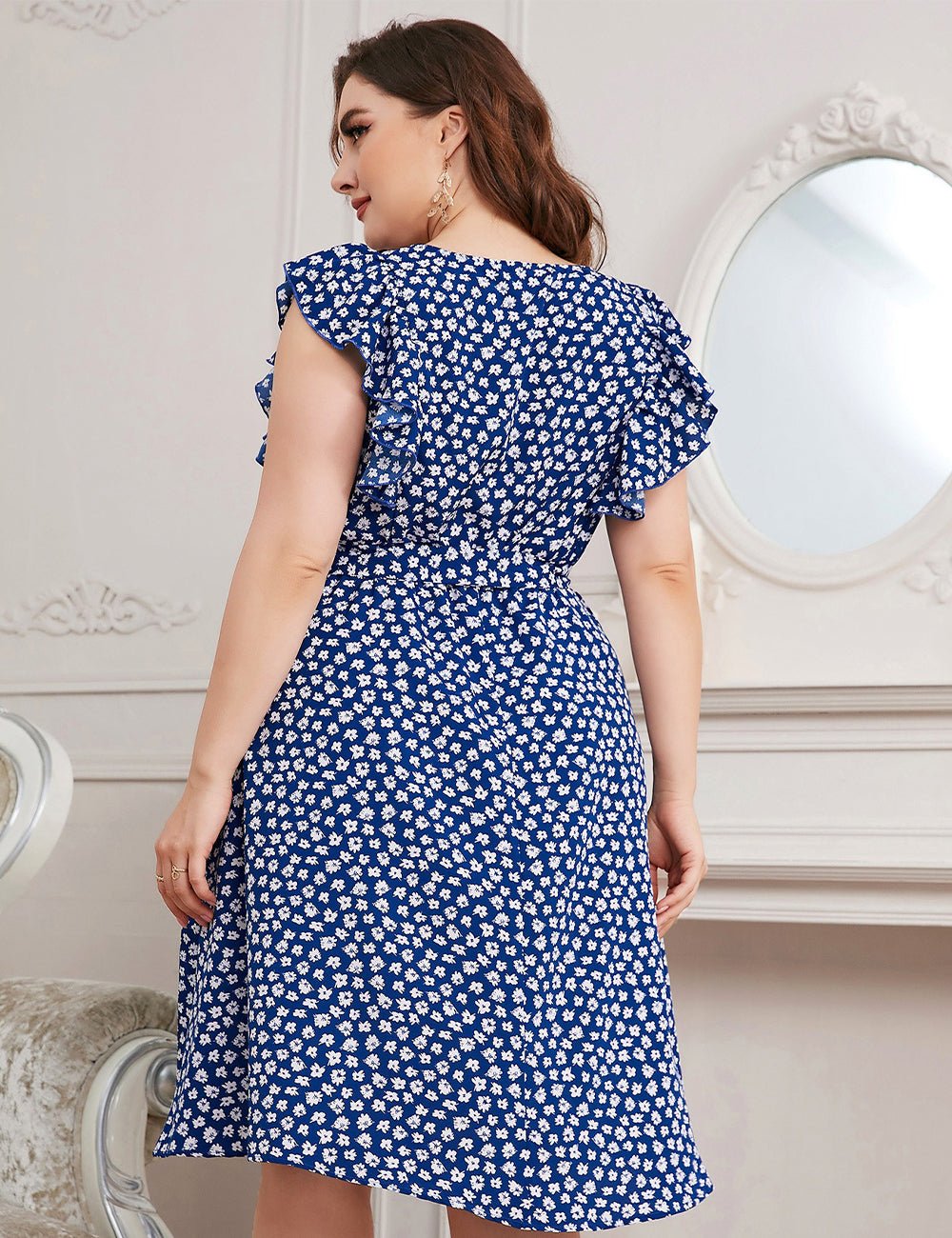 Women Plus Size Ruffled Sleeves Tiny Floral Print Midi Dress | PRUSES - PRUSES