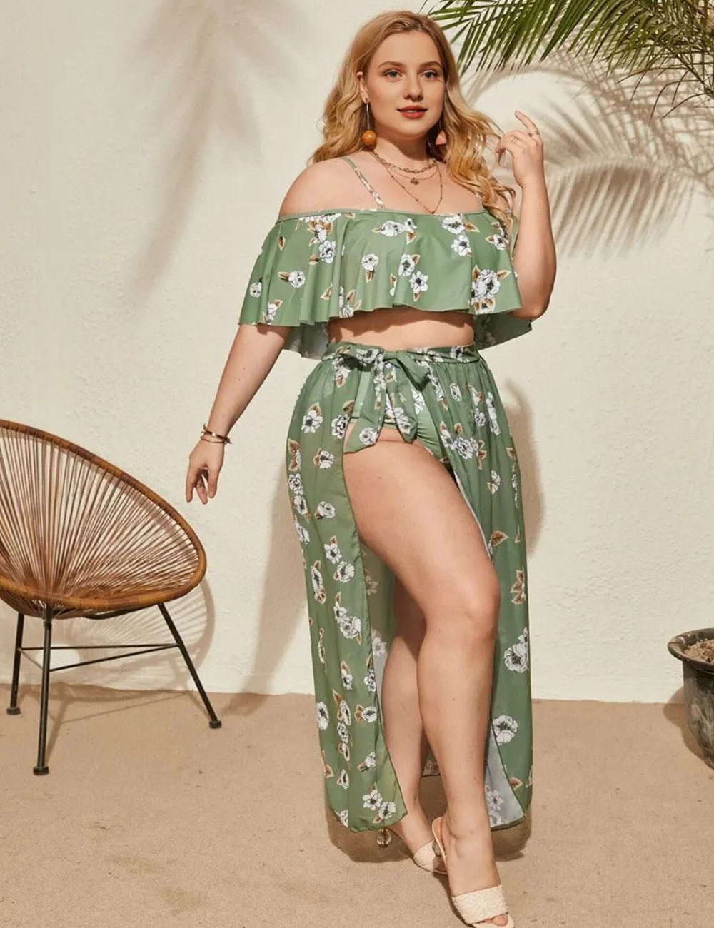 Women Plus Size Ruffles Off Shoulder with Skirt Swimsuit - PRUSES