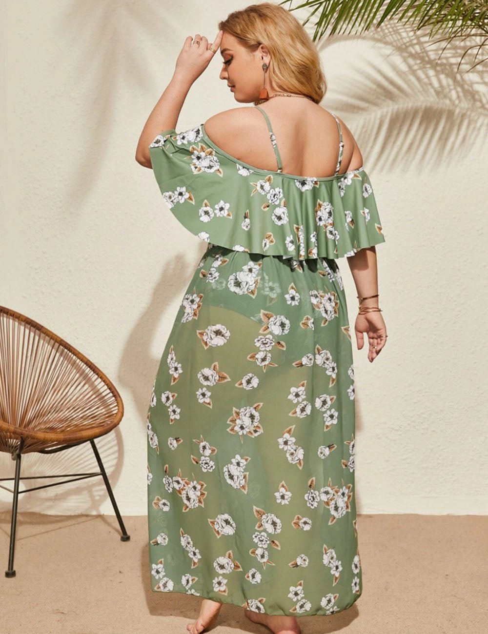 Women Plus Size Ruffles Off Shoulder with Skirt Swimsuit - PRUSES