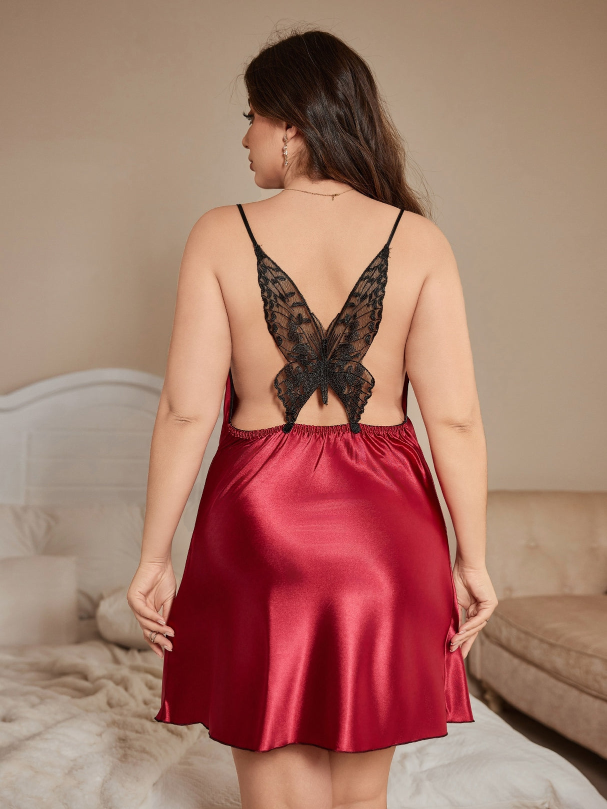 Women Plus Size Satin Red Butterfly Back Chemise Nightgown