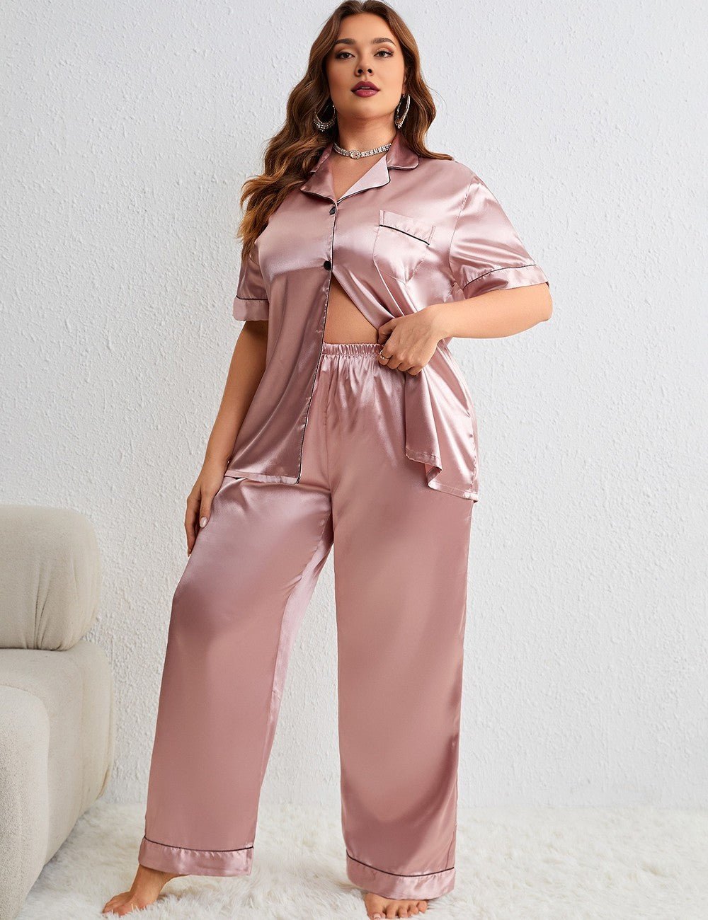 Women Plus Size Pink Satin Collared Short Sleeve Pajama Set