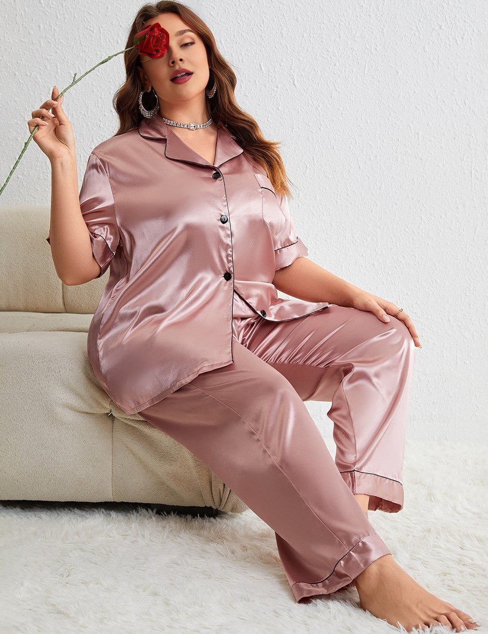Women Plus Size Pink Satin Collared Short Sleeve Pajamas
