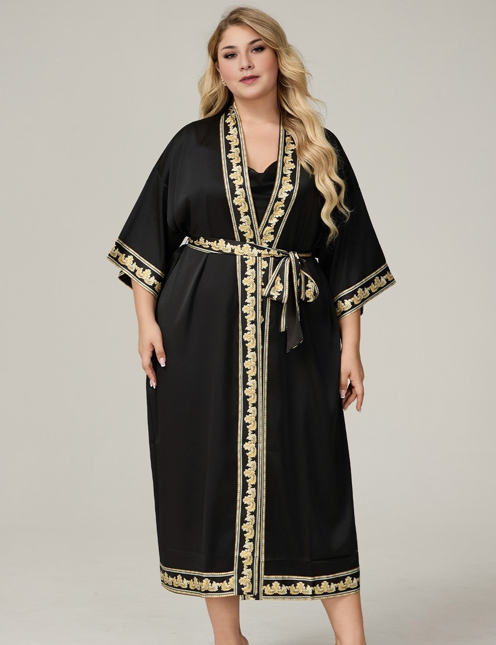 Women Plus Size Black Satin Floral-Trim Long Kimono Robe