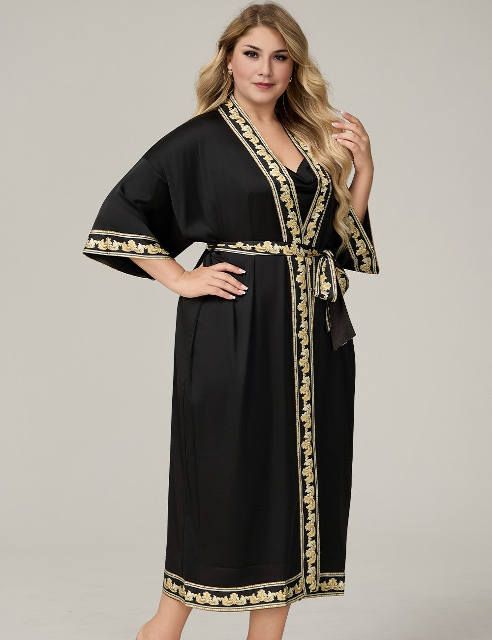Women Plus Size Black Satin Floral-Trim Long Robe Kimono