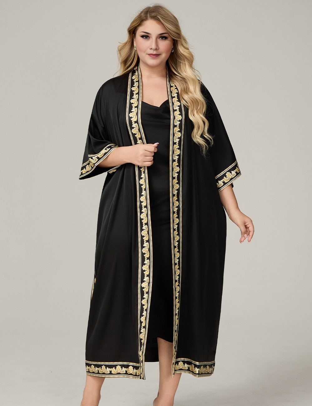Plus Size Black Satin Floral-Trim Long Kimono Robe For Women