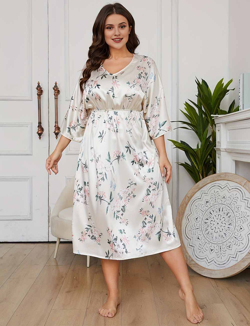 Plus Size Satin Nightgown with V-Neck and Three-Quarter Sleeves