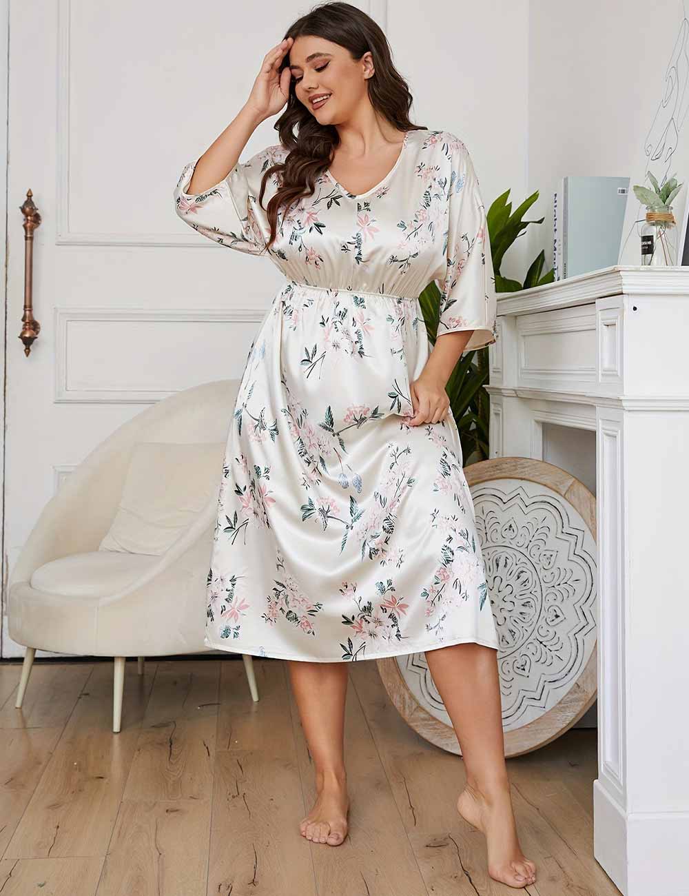 Women Plus Size Satin V-Neck Printed Three-Quarter Sleeve Nightgown