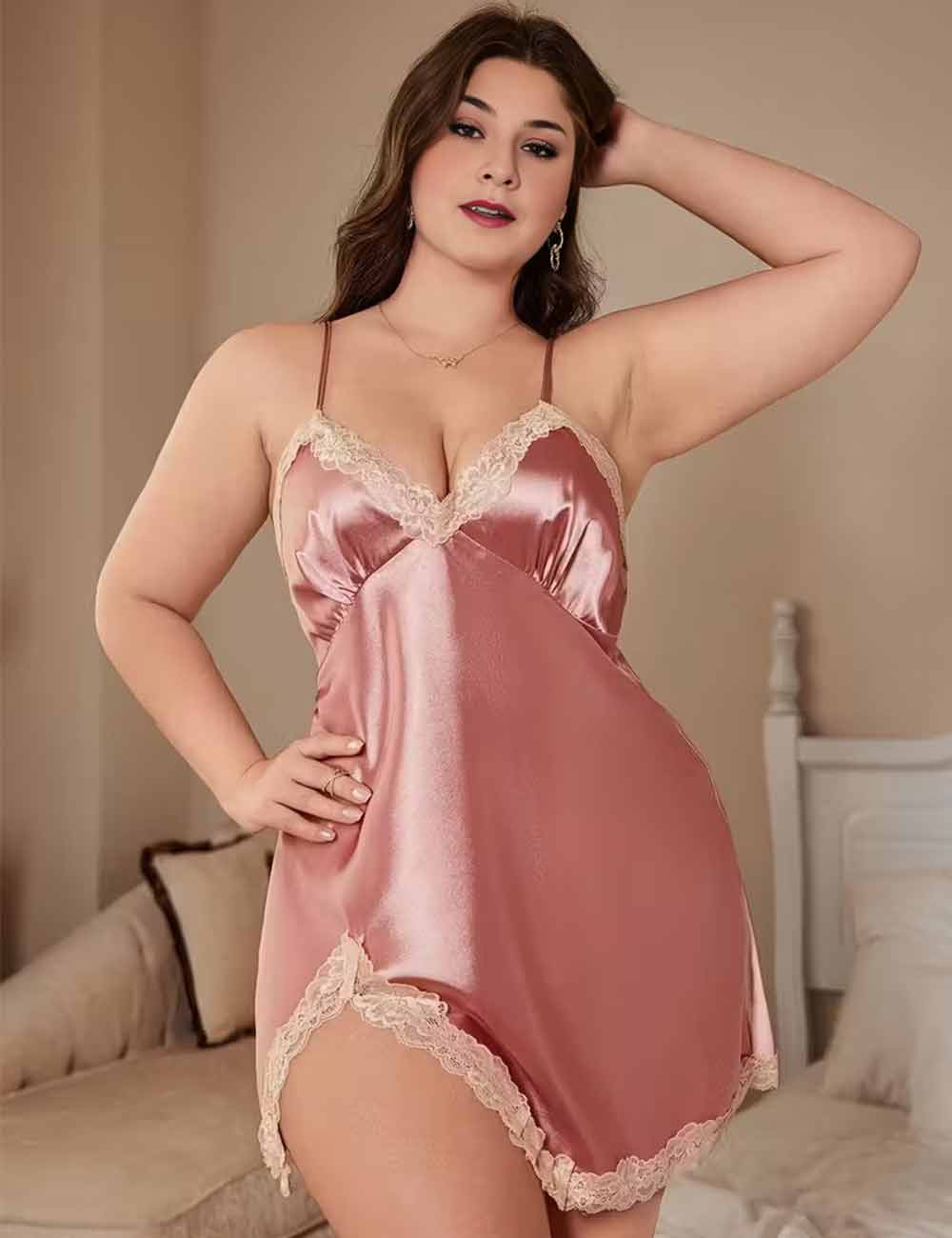 Women Plus Size Pink Satin Lace Trim Cami Nightgown